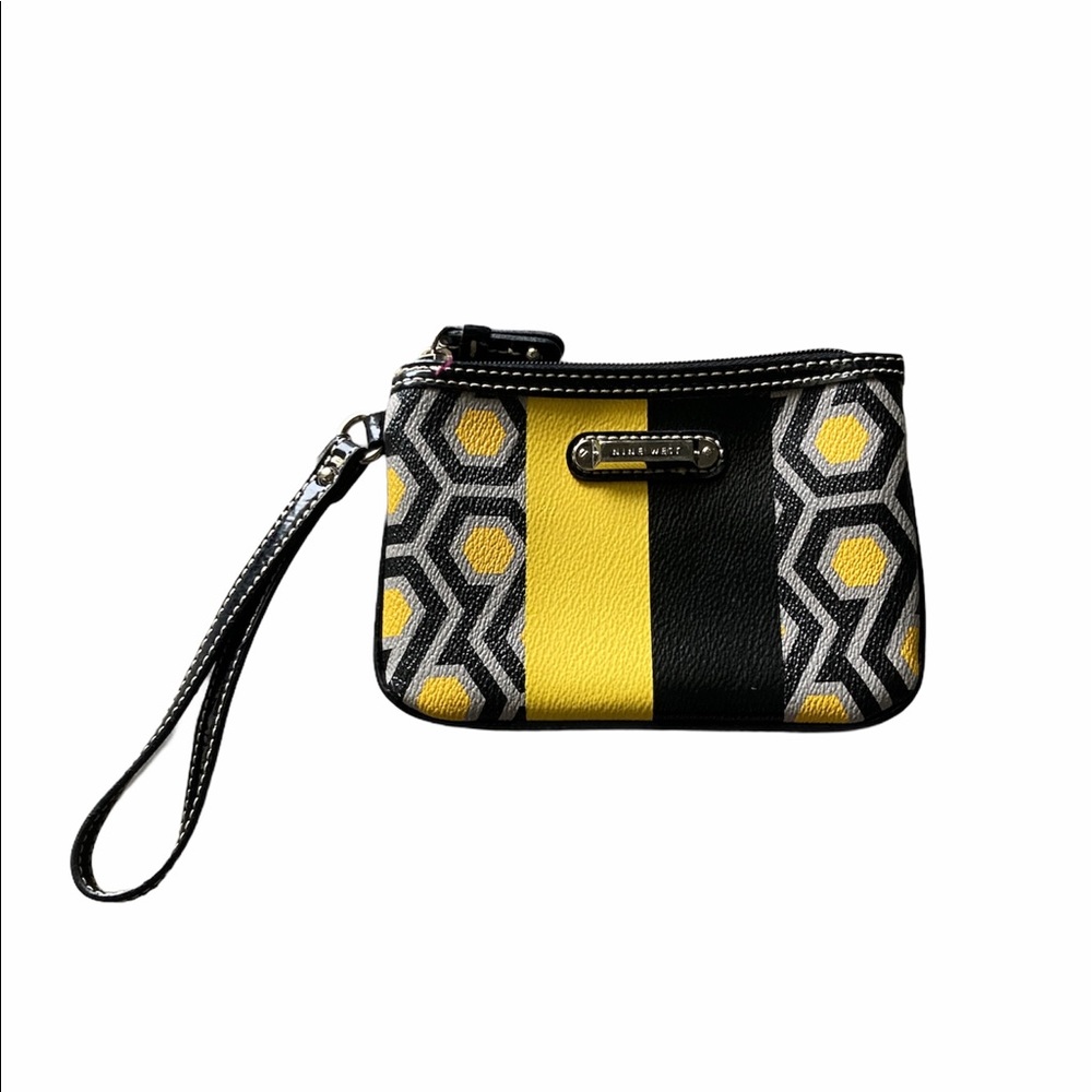 Nine West Coin Purse Change Wristlet Contemporary Zip Top Yellow Black Striped